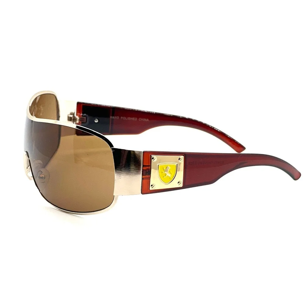 Block Curved One Piece Shield Sunglasses‎ Men's Flat Top Gold Frame Brown Lens